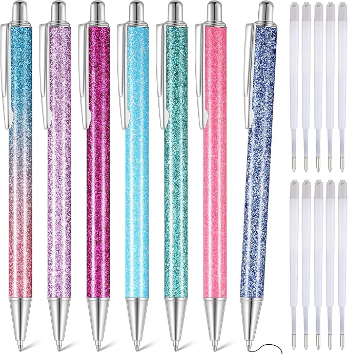 Sherr 7 Pcs Fancy Pens for Women Cute Sparkly Glitter Pens with 10 Pcs Black Ink Refills Pretty Gifts for Girls Office School Christmas Graduation(Pastel,Glitter)