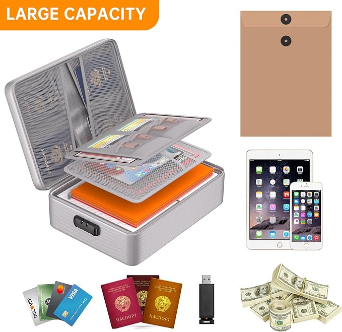 DocSafe 5200°F Document Organizer with Lock,Upgraded Heat Insulated Fireproof&Waterproof Box 8 Layers File Organizer,Portable Home Travel Safe Storage for Important Documents, Files,Silver (Soft)