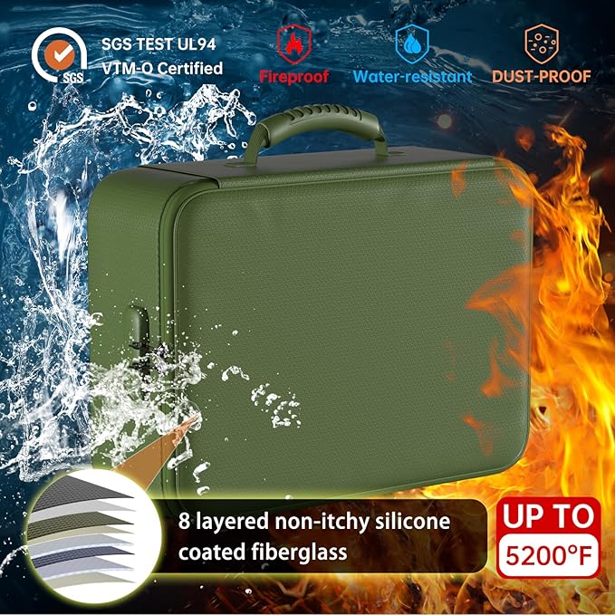 DocSafe 5200°F Document Organizer with Lock,Upgraded Heat Insulated Fireproof&Waterproof Box 8 Layers File Organizer,Portable Home Travel Safe Storage for Important Documents, Files,Green (Soft)