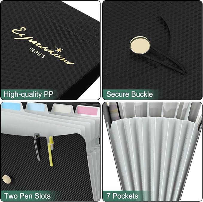 Sooez 7 Pocket Expanding File Folder, Premium Accordion File Organizer, Letter Size Folders for Documents, Sleek Filing Folders with Bungee Closure, Portable Folders for School Office Supplies, Green
