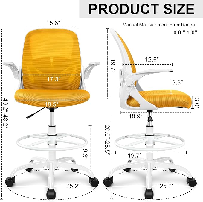 Primy Drafting Chair Tall Office Chair with Flip-up Armrests Executive Ergonomic Computer Standing Desk Chair with Lumbar Support and Adjustable Footrest Ring(Yellow)