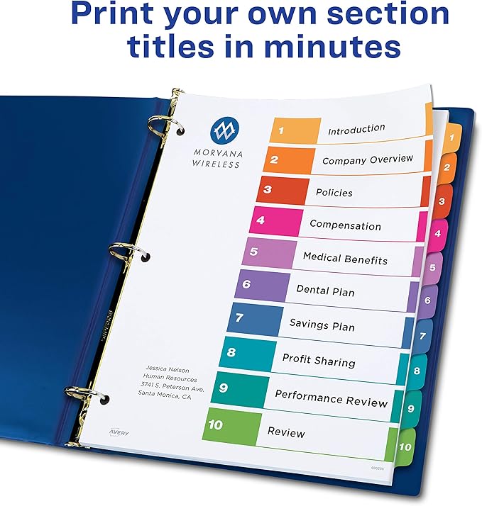 Avery 10-Tab Dividers for 3 Ring Binders, Customizable Table of Contents, Multicolor Tabs, 24 Sets (11169) & 8-Tab Dividers for 3 Ring Binders, Customizable Table of Contents, Multicolor Tabs