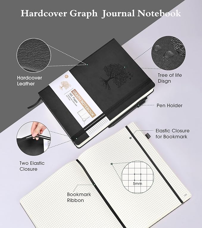 Graph Paper Notebook Journal, 360 Numbered Pages Grid Notebooks, Thick 100gsm Graphing Paper Journals for Writing Women Men, A5 Large Hardcover Leather Graph Notebook 5.75'' × 8.38'' Black