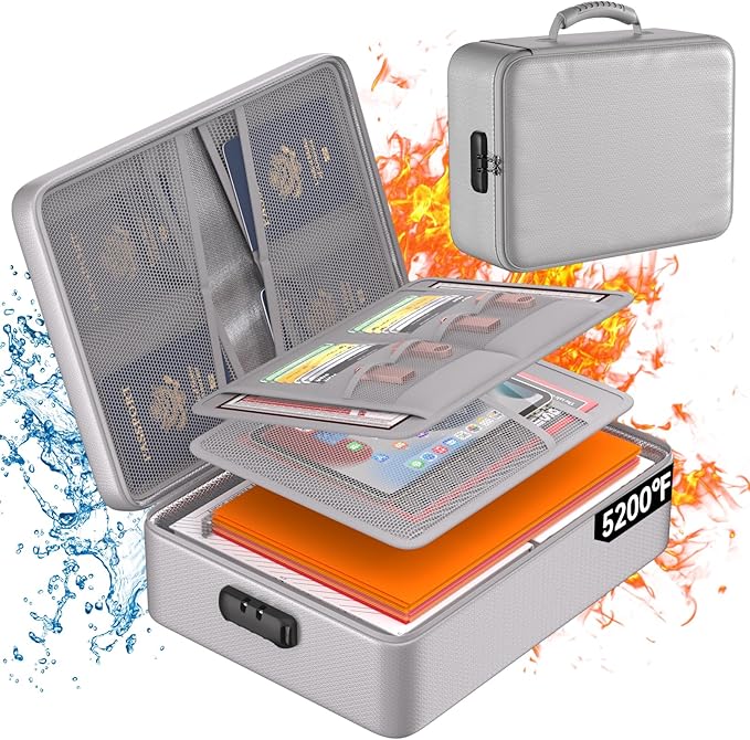 DocSafe 5200°F Document Organizer with Lock,Upgraded Heat Insulated Fireproof&Waterproof Box 8 Layers File Organizer,Portable Home Travel Safe Storage for Important Documents, Files,Silver (Soft)