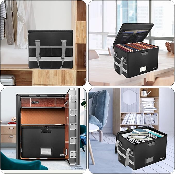 ENGPOW File Box with Lock,Fireproof Document Box with Zipper&Pockets,Collapsible File Organizer Filing Storage Cabinet with Handle,Portable Home Office Safe for Hanging Letter/Legal Folder,Black