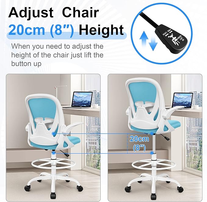 Primy Drafting Chair Tall Office Chair with Flip-up Armrests Executive Ergonomic Computer Standing Desk Chair with Lumbar Support and Adjustable Footrest Ring(Blue)