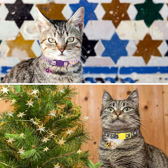 SCENEREAL Cute Cat Collar with Bell Breakaway, 4 Pack Star and Moon Pendant Spring Pet Collar for Girl Boy Cats, Adjustable Safety Black Kitten Puppy Collars Size 8-12"