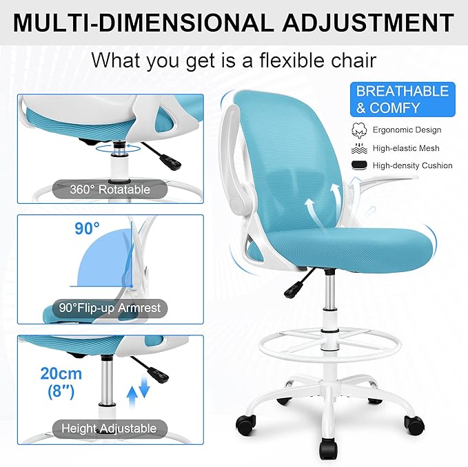 Primy Drafting Chair Tall Office Chair with Flip-up Armrests Executive Ergonomic Computer Standing Desk Chair with Lumbar Support and Adjustable Footrest Ring(Blue)