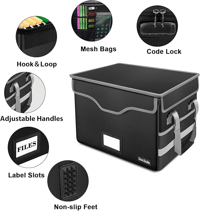 DocSafe File Box Fireproof Document Box with Lock,File Storage Organizer Box with Insert Pockets,Collapsible Portable File Box Home Office File Cabinet for Hanging Letter/Legal Folders,Black,2 Pack