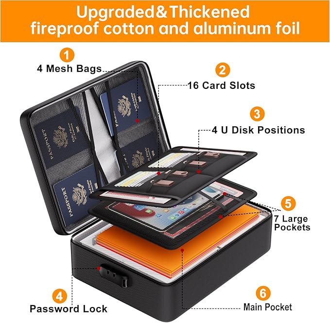 DocSafe 5200°F Document Organizer with Lock,Upgraded Heat Insulated Fireproof&Waterproof Box 8 Layers File Organizer,Portable Home Travel Safe Storage for Important Documents, Files and More