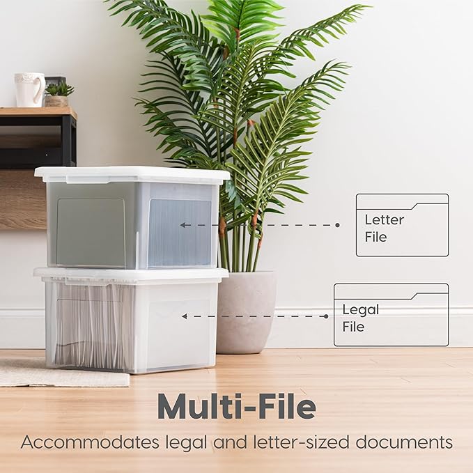 IRIS USA File Box Plastic File Organizer for Letter/Legal File, Document Box, Storage Bin Tote Organizer with Durable and Secure Latching Lid, Stackable, Nestable, BPA-Free, Black 35 Qt. 4 Pack