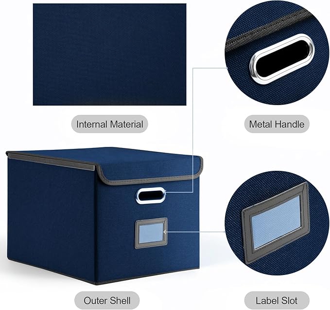 File Organizer Box with Lid, Collapsible File Folder with Plastic Slide for Office/Decor/Home, Hanging Office Document Storage, 14.9 6x 12.6 x 10.83 inch,1 pack - without folders,Blue