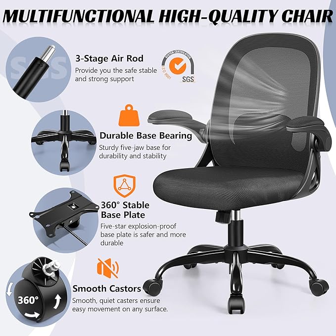 Office Chair Ergonomic Desk Chair with Adjustable 3D Lumbar Support and Height, Comfy Mesh Computer Chair with Flip-up Armrests, Swivel Rolling Task Chair with Wheels for Home Office (Black)