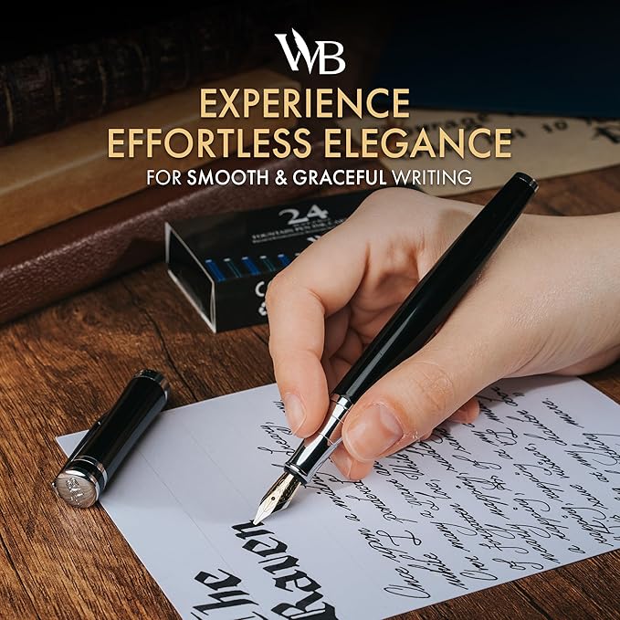 Wordsworth & Black Chrome Plated Chrome Black Calligraphy Fountain Pen Set with 24 Ink Cartridges, Piston Converter and Gift Box