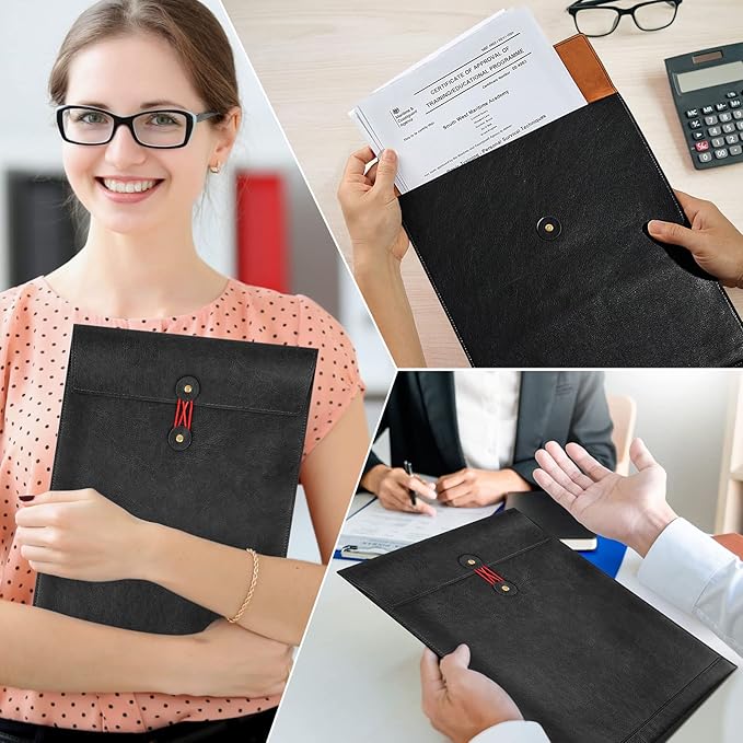 Black A4 PU Leather File Folders for Documents,Important Private File Organizer with String Tie Closure,Laptop Sleeve Notebook Case,Leather Portfolio Binder Envelopes, Filing Folder 3PCS