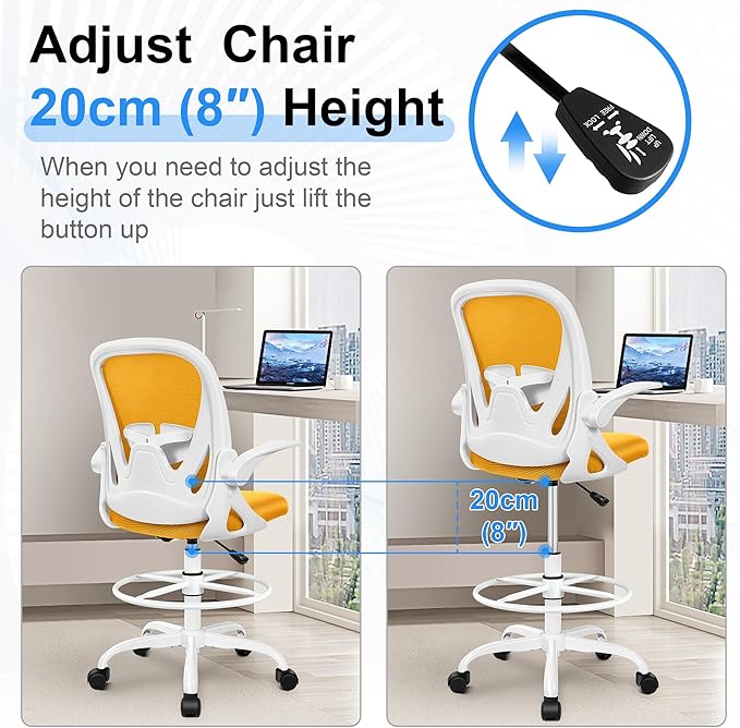 Primy Drafting Chair Tall Office Chair with Flip-up Armrests Executive Ergonomic Computer Standing Desk Chair with Lumbar Support and Adjustable Footrest Ring(Yellow)