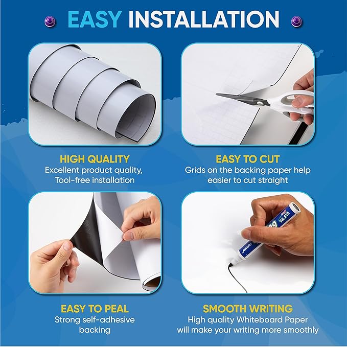 Magnetic Whiteboard Sticker Dry Erase Board for Wall - Adhesive Backing 48'' x 30'' Whiteboard for Classroom Office Home Include Marker Magnet Eraser
