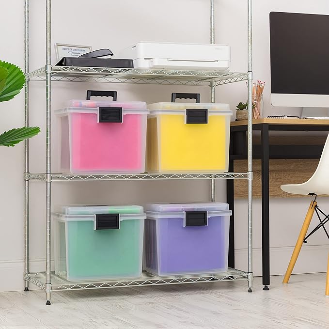 IRIS USA File Box WeatherPro Portable File Organizer Plastic File Box for Letter File w/ Organizer-Lid, Durable Lid and Gasket Seal, Secure Latching Buckles, Stackable, Lockable, Clear 19 Qt. 4 Pack
