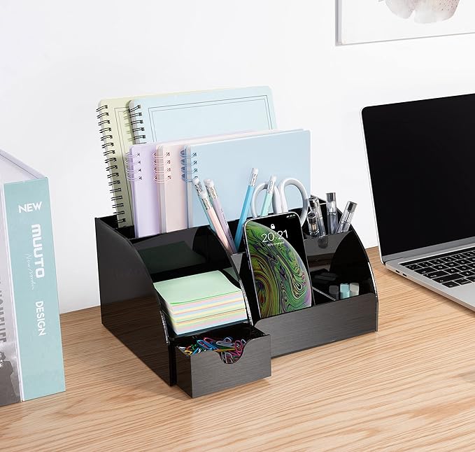 Black Desk Organizer with 9 Compartments - Desktop Office Supplies and Desk Accessories Organizer
