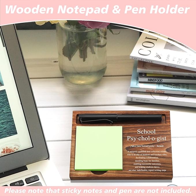 CINRLLA School Psychologist Sticky Note Holder Wooden Notepad & Pen Holder 6.5"" x 4.7"" Sticky Note Pad Holder Dispenser for Desk School Psychologist Definition Work Gifts, NPA181, Brown