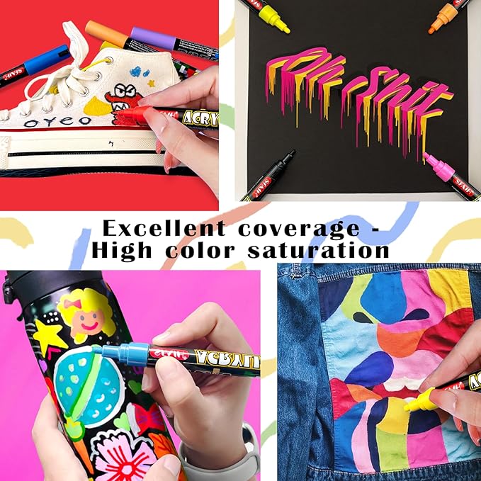SFAIH Acrylic Creative Markers - 3mm Replaceable Nibs 24 Colors, Large Ink Capacity, Ultra-High Coverage, Non-Bleeding Water-Based Ink, Drawing Markers for Art Supplies, Wood, Fabric, Rock Painting