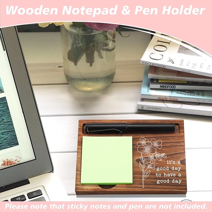 CINRLLA Sticky Note Holder Wooden Notepad & Pen Holder 6.5"" x 4.7"" Sticky Note Pad Holder Dispenser for Desk Work Motivational Gifts, NPA193, Brown