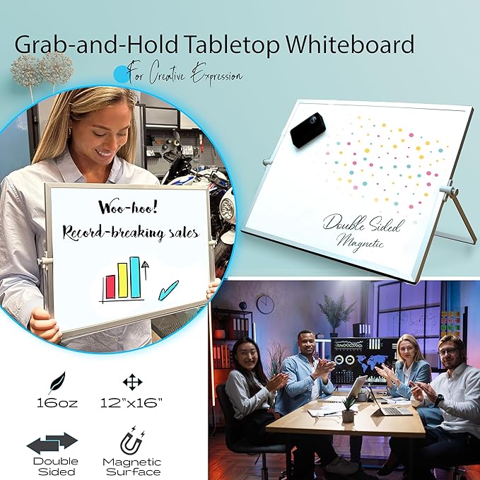 Dry Erase Whiteboard, 16x12in Magnetic Double-Sided Easel, Stand, 10 Markers, 4 Magnets, Eraser Silver