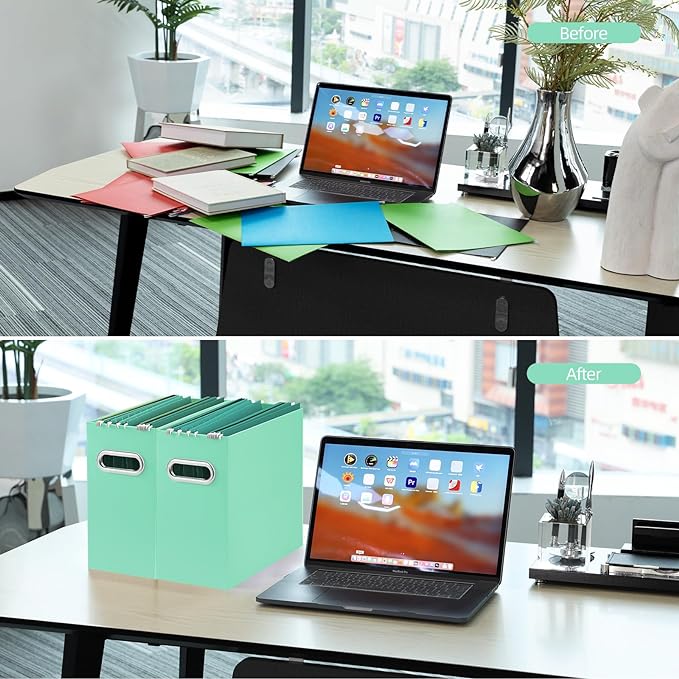 Oterri File Organizer, Small Storage Box, Cardboard File Folder Organizer, Collapsible File Box, Hanging File Organizer for Letter Size, Portable File Box with Handle, Only Box (Mint Green,8 Packs)