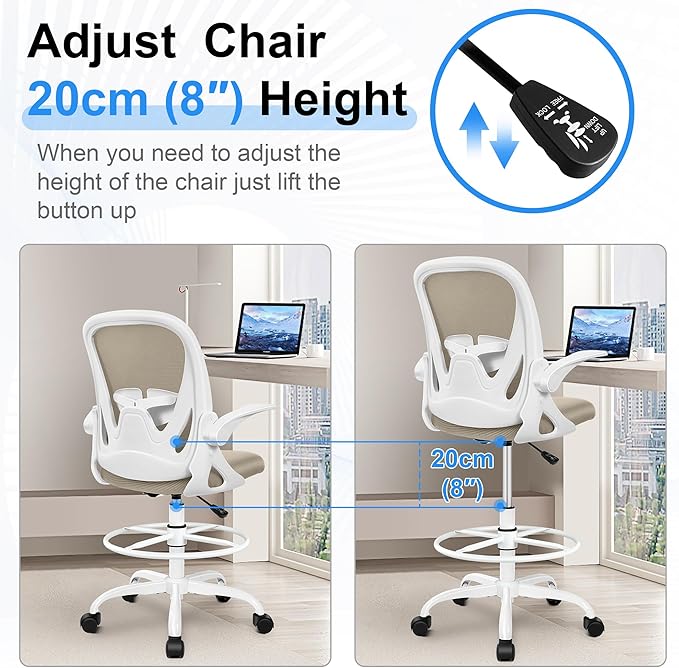 Primy Drafting Chair Tall Office Chair with Flip-up Armrests Executive Ergonomic Computer Standing Desk Chair with Lumbar Support and Adjustable Footrest Ring(Khaki)
