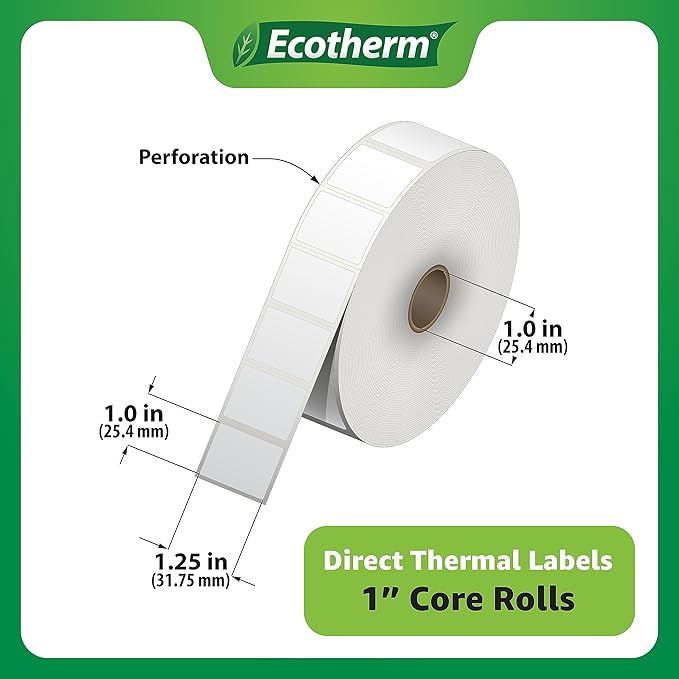 1.25" x 1" Thermal Labels | 6 Rolls | 14040 Labels | fits Zebra, Godex, Arkscan, iDPRT, Offnova Thermal Label Printers and More | Blank White Adhesive Stickers by Ecotherm