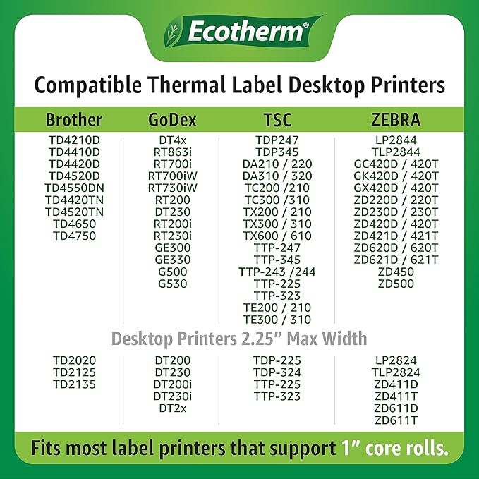 4" x 1" Thermal Labels | 6 Rolls | 15000 Labels | fits Zebra, Munbyn, Rollo, Godex, Arkscan, iDPRT, Offnova Thermal Label Printers and More | Blank White Adhesive Stickers by Ecotherm