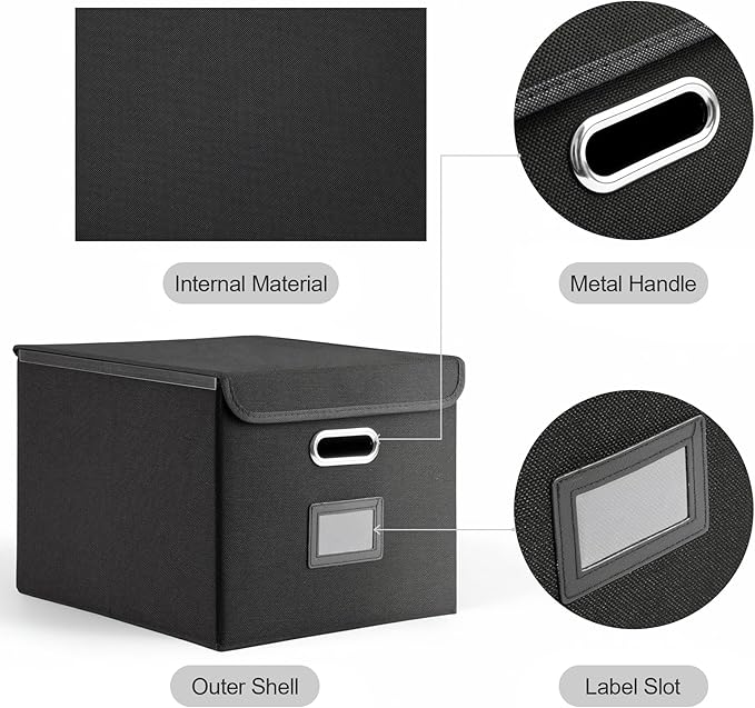 File Organizer Box with Lid, Collapsible File Folder with Plastic Slide for Office/Decor/Home, Hanging Office Document Storage, 14.9 6x 12.6 x 10.83 inch,1 pack - without folders,Black