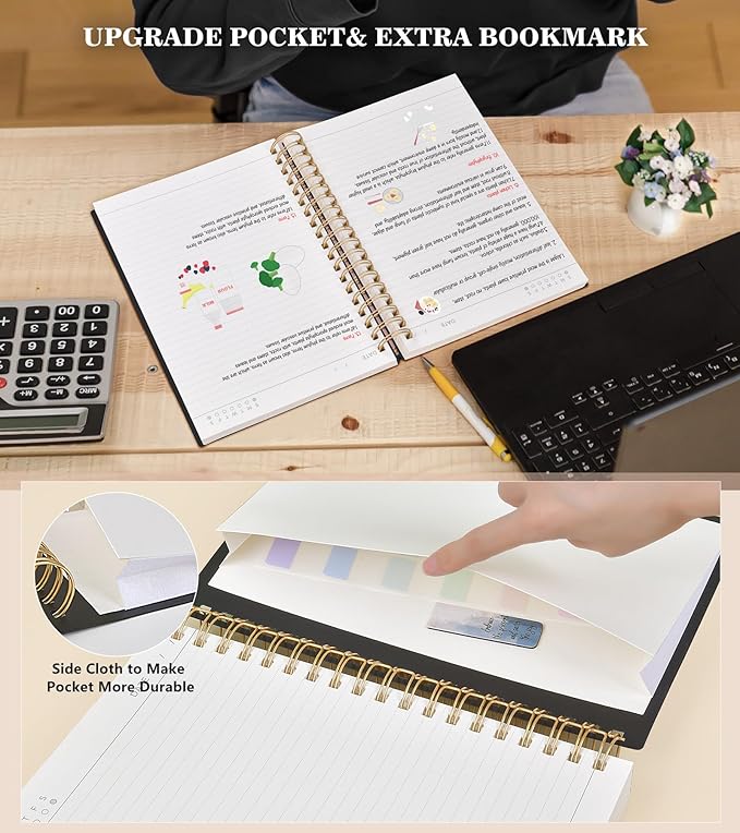 Spiral Notebook Journal College Ruled, 360 Pages Lined Thick Journals for Women Men, B5 Big Notebooks with 100GSM Paper, Spiral Bound Journaling for Writing Work School Black 7.6"×10"