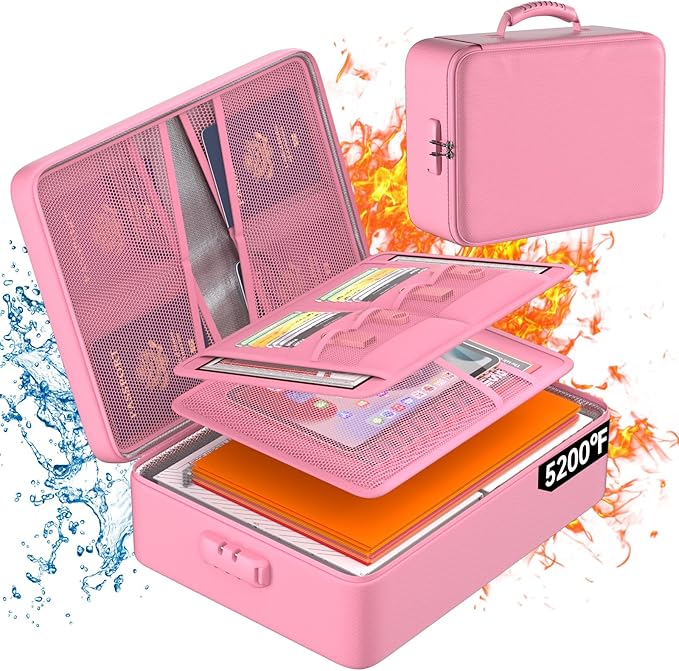 DocSafe 5200°F Document Organizer with Lock,Upgraded Heat Insulated Fireproof&Waterproof Box 8 Layers File Organizer,Portable Home Travel Safe Storage for Important Documents, Files,Pink (Soft)
