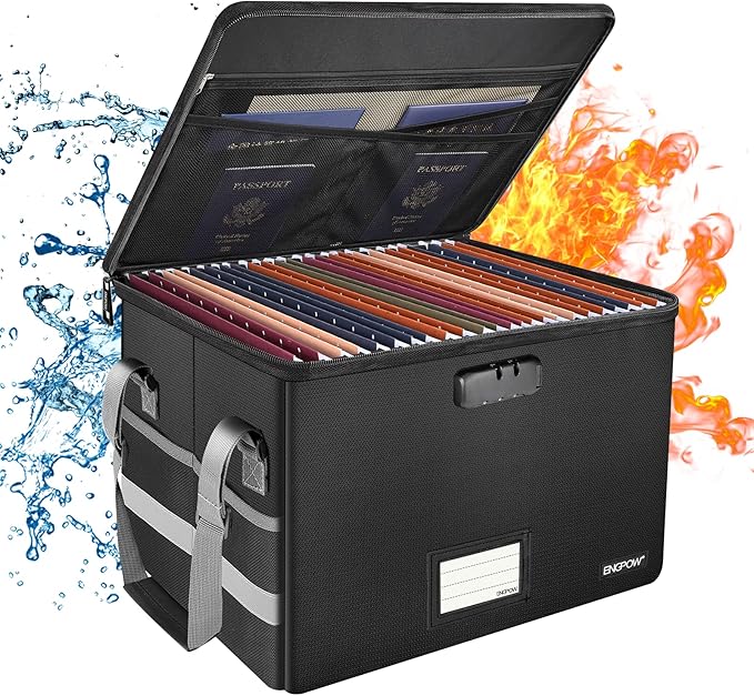 ENGPOW File Box with Lock,Fireproof Document Box with Zipper&Pockets,Collapsible File Organizer Filing Storage Cabinet with Handle,Portable Home Office Safe for Hanging Letter/Legal Folder,Black