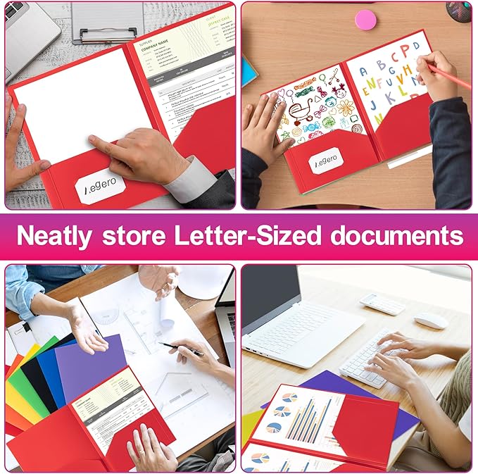 Plastic Folders with Pockets (7 Pack, Red), Durable Heavy Duty File Folders with Business Card Slot, 2-Pocket Folder for Schoolwork & Office,Letter Size