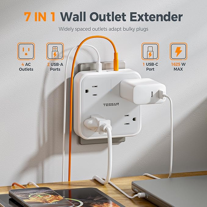 Multi Plug Outlet Extender, TESSAN Surge Protector Splitter with 3 USB (1 USB C Port) Wall Charger, Multiple Expander for Travel, Home, College Dorm Room