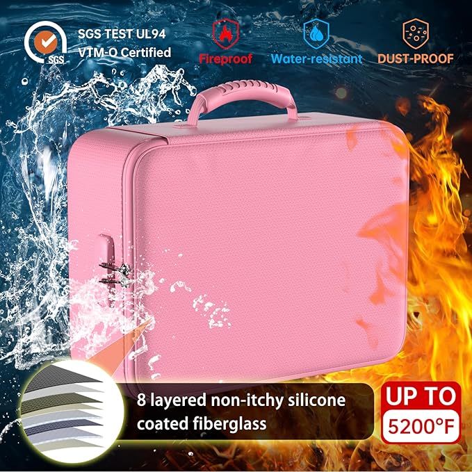 DocSafe 5200°F Document Organizer with Lock,Upgraded Heat Insulated Fireproof&Waterproof Box 8 Layers File Organizer,Portable Home Travel Safe Storage for Important Documents, Files,Pink (Soft)