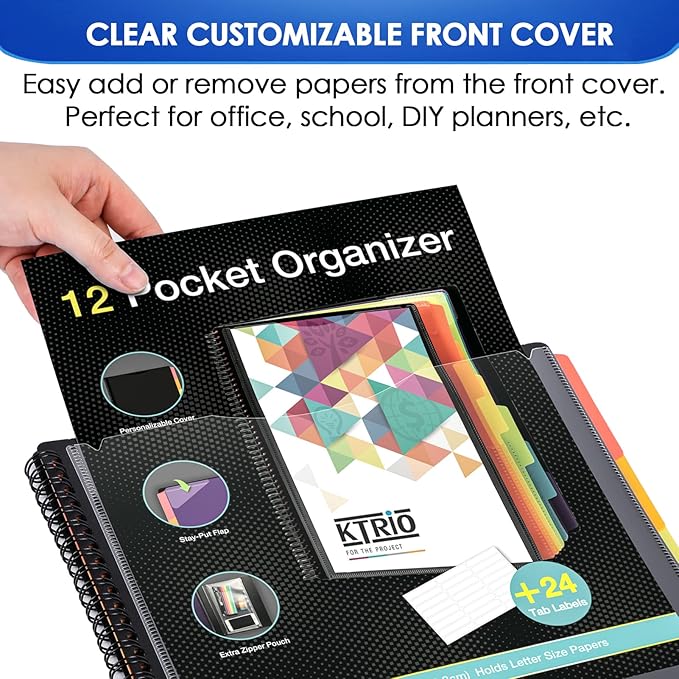 KTRIO 12 Pocket Poly Project Organizer, Spiral Binder Organizer Multi Pocket Folder with Dividers, Back Cover Utility Pouch, Letter Size School Supplies