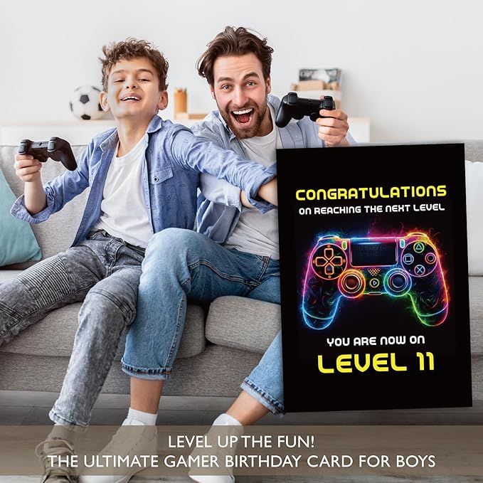 Gooji 5x7 Gamer Birthday Card for Boys and Girls - Level-Up Design for Ages 9, 10, 11, 12 - Perfect Gaming Party Greeting Card (11Y)