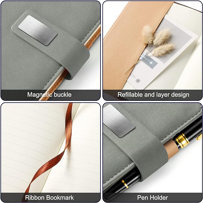 A5 Lined Leather Journal with Pen, 240 Pages Refillable Hardcover Notebook with Pocket and Magnetic Buckle, 80gsm Thick Daily Diary for Men and Women, Great Gift for Business Travel Personal - Gray