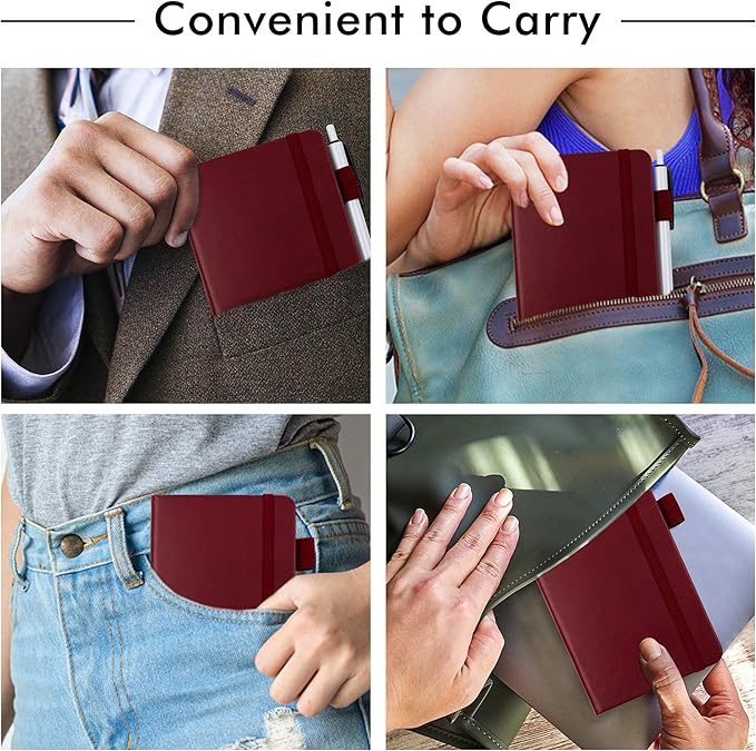 feela 15 Pack Pocket Small Notebooks Bulk, Mini Cute Notepads Hardcover College Ruled Lined Journals with Pen Holder for School Business Memos, with 15 Black Pens, 3.5”x 5.5”, A6, Wine