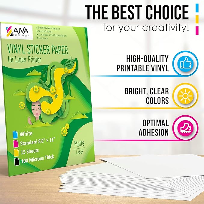 Printable Vinyl Sticker Paper for Laser Printer - Matte White - 200 Self-Adhesive Sheets - Waterproof Decal Paper - Standard Letter Size 8.5"x11"