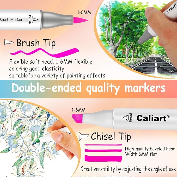 Caliart 168 Colors Brush & Chisel Alcohol Markers for Adult Coloring Book, Dual Tip Artist Sketch Art Markers, Aesthetic Cute Preppy Stuff School Supplies, Pens for Lettering Drawing Cards Planner