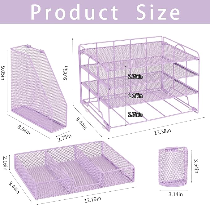 Paper Clip Holders Desk Organizers and Accessories,4-Tie Leter Tray Organizer with 2 Pen File Holder,Desk Drawer,Ofice Accesorie for Office Supplies,Purple