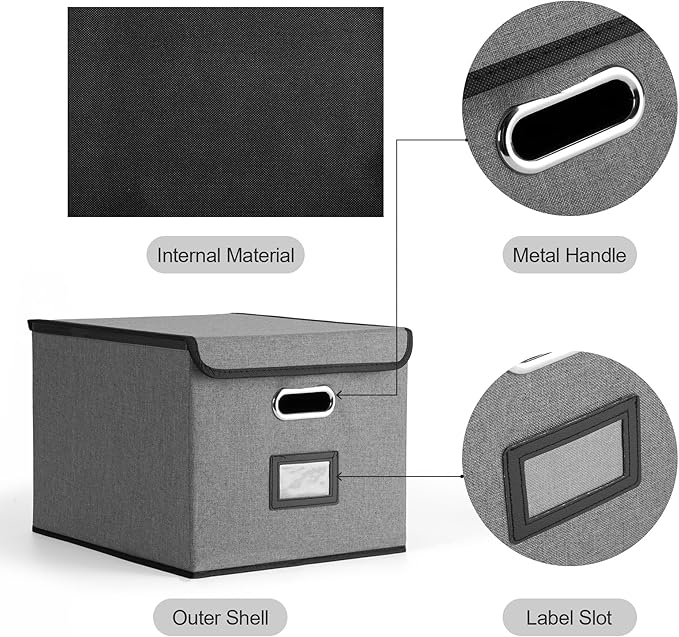 File Organizer Box with Lid, Collapsible File Folder with Plastic Slide for Office/Decor/Home, Hanging Office Document Storage, 14.96 x 12.6 x 10.83 inch,1 pack - without folders,Gray