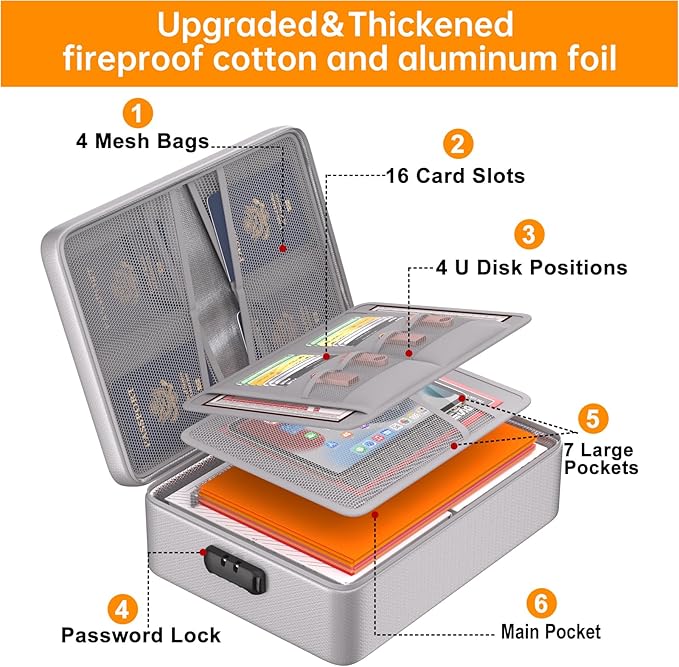 DocSafe 5200°F Document Organizer with Lock,Upgraded Heat Insulated Fireproof&Waterproof Box 8 Layers File Organizer,Portable Home Travel Safe Storage for Important Documents, Files,Silver (Soft)