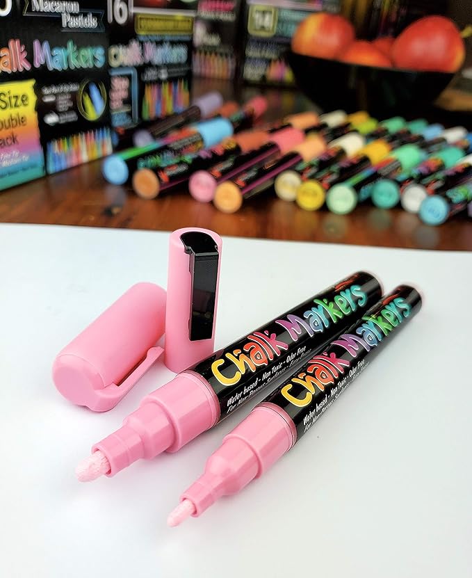 26 Macaron Pastel Chalk Markers Double Pack of Both Fine & Reversible Medium Tip Liquid Chalk Pens Wet Erase Menu Boards, Windows, Classrooms, Mirrors, Non-Porous Chalkboards, Plastic, Metal