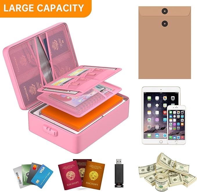 DocSafe 5200°F Document Organizer with Lock,Upgraded Heat Insulated Fireproof&Waterproof Box 8 Layers File Organizer,Portable Home Travel Safe Storage for Important Documents, Files,Pink (Soft)