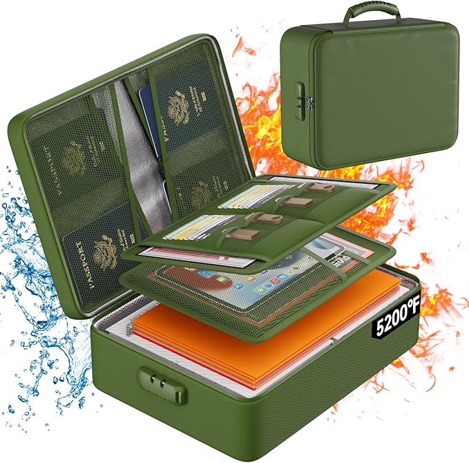 DocSafe 5200°F Document Organizer with Lock,Upgraded Heat Insulated Fireproof&Waterproof Box 8 Layers File Organizer,Portable Home Travel Safe Storage for Important Documents, Files,Green (Soft)